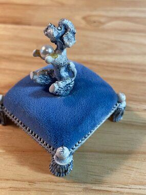 Vintage Florenza Poodle Pincushion Blue Fabric Faux Pearl White Metal w/ Box